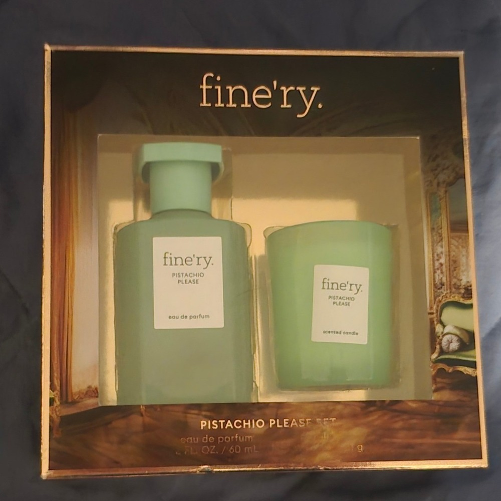 Fine'ry Pistachio Please Fragrance Set Eau de Parfum 2oz and Scented Candle New